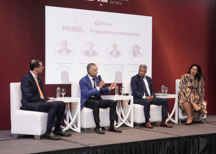 Ministro Santos, mientras participaba en un panel sobre transición energética, junto al presidente de la ADIE, Roberto Herrera y el experto internacional en energías renovables, Luciano Castillo.