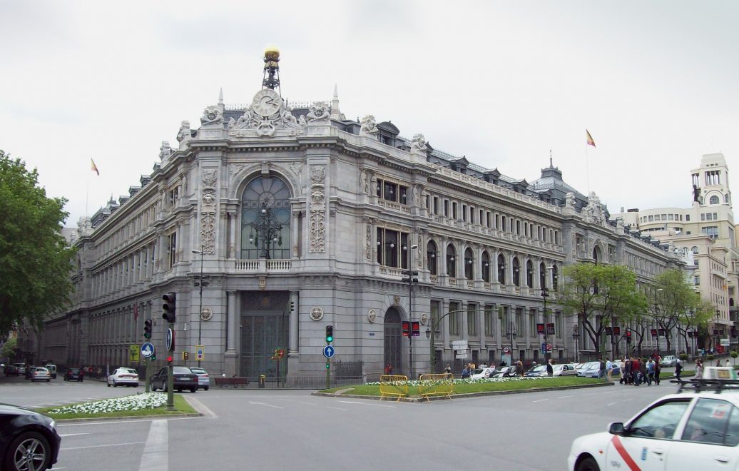 view of the bank of spain headquarters (madrid) from plaza de cibeles (square).