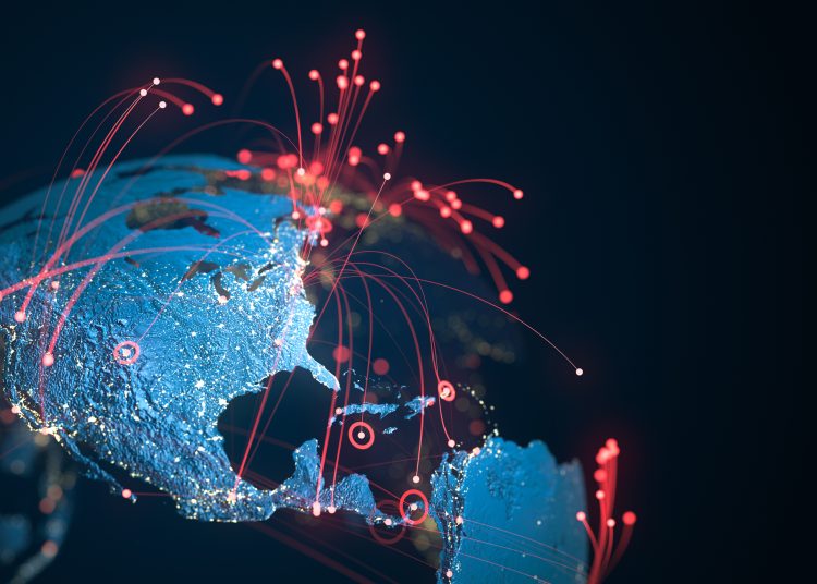 High quality 3D rendered image, perfectly usable for topics related to big data, global networks, international flight routes or the spread of a pandemic / computer virus.
Textures courtesy of NASA:
https://visibleearth.nasa.gov/images/55167/earths-city-lights,
https://visibleearth.nasa.gov/images/73934/topography