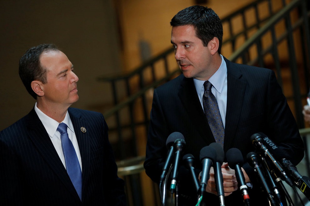 house select committee on intelligence chairman rep. devin nunes (r ca) and ranking member rep. adam schiff (d ca) speak with the media about the ongoing russia investigation on capitol hill