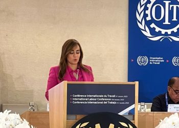 La presidente de la Copardom, Laura Peña Izquierdo, interviene este lunes en la OIT. | Fuente externa.