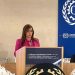 La presidente de la Copardom, Laura Peña Izquierdo, interviene este lunes en la OIT. | Fuente externa.