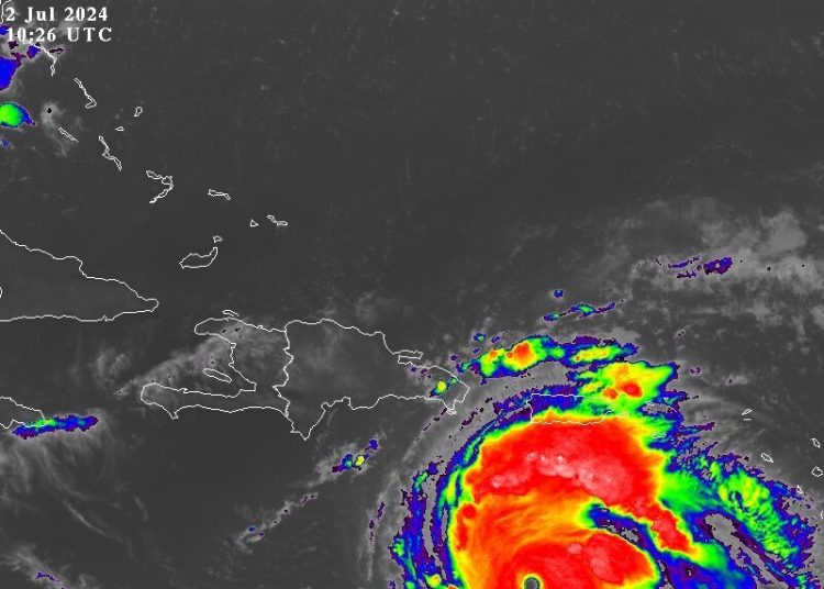 El COE señaló que el huracán Beryl se ubicó a unos 410 kilómetros al sur/sureste de la Isla Saona (La Romana) y a unos 495 kilómetros al sureste de Punta Palenque (San Cristobal). - Fuente externa.
