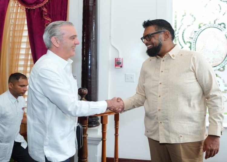 Luis Abinader y Mohamed Irfaan Ali durante el encuentro oficial celebrado en Georgetown.