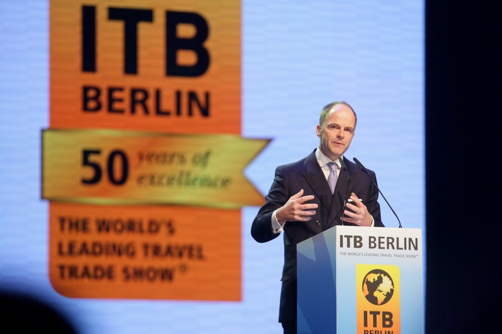 ITB Berlin 2016, durante la ceremonia de apertura, con el discurso de Christian Göke, gerente general de la Messe Berlin GmbH. Fuente: Messe Berlin