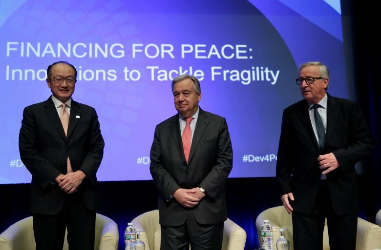united nations secretary general guterres, world bank president jim yong kim and european commission president juncker attend financing for peace: innovations to tackle fragility session during the imf/world bank spring meetings in washington