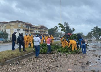 Brigada de la Alcaldía del Distrito Nacional trabajando para remover los escombros provocados por la colisión del mar con el malecón tras el paso de la tormenta Elsa. | Fuente externa.