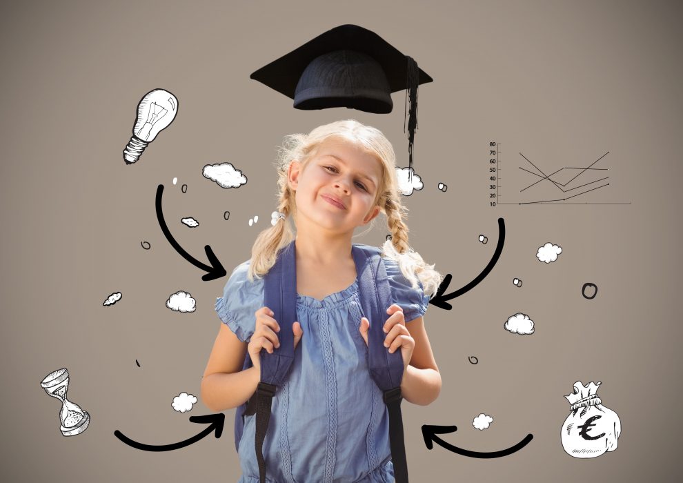 smiling schoolgirl standing with backpack against various icons and arrow sign