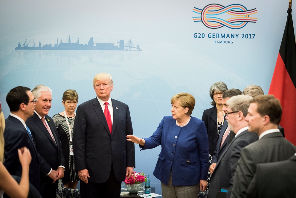 german chancellor angela merkel welcomes u.s. president donald trump before bilateral talks on the eve of the g 20 summit in hamburg