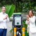 Roberto Herrera y Odile Camilo, en inauguración de estación de carga Evergo en Unibe. | Fuente externa.