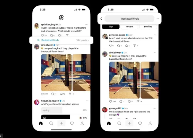Las publicaciones de Threads han empezado a mostrar una etiqueta que indica, en color azul, un tema junto al icono de una lupa.