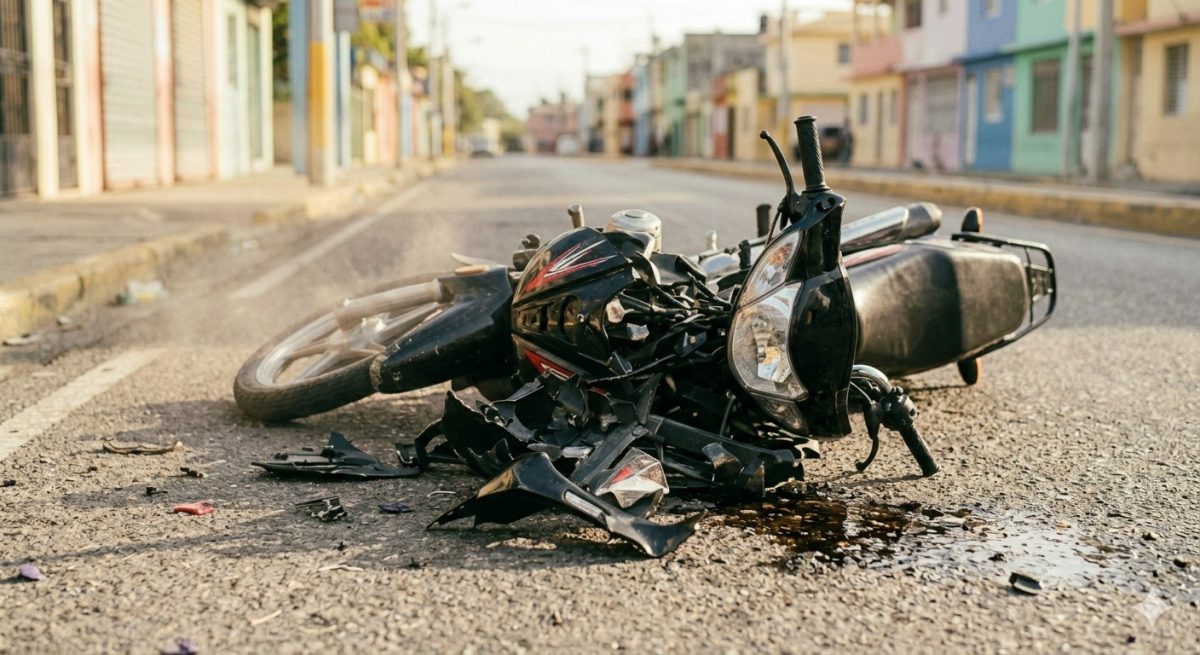 Recreación digital enfocada en los daños materiales de una motocicleta accidentada y fluidos derramados sobre el pavimento en un barrio dominicano. Fuente: Imagen generada con IA.