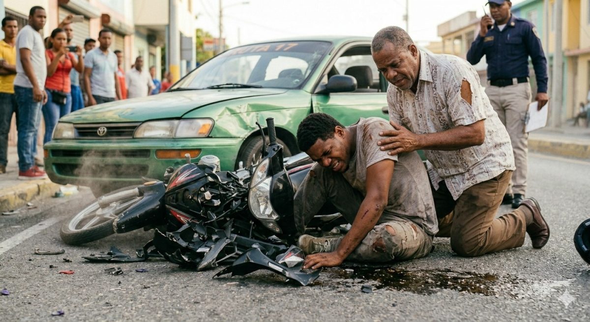 Recreación de un choque leve entre un carro de la "Ruta 17" y una motocicleta en República Dominicana, con un agente de la DIGESETT tomando datos. Fuente: Imagen generada con IA.