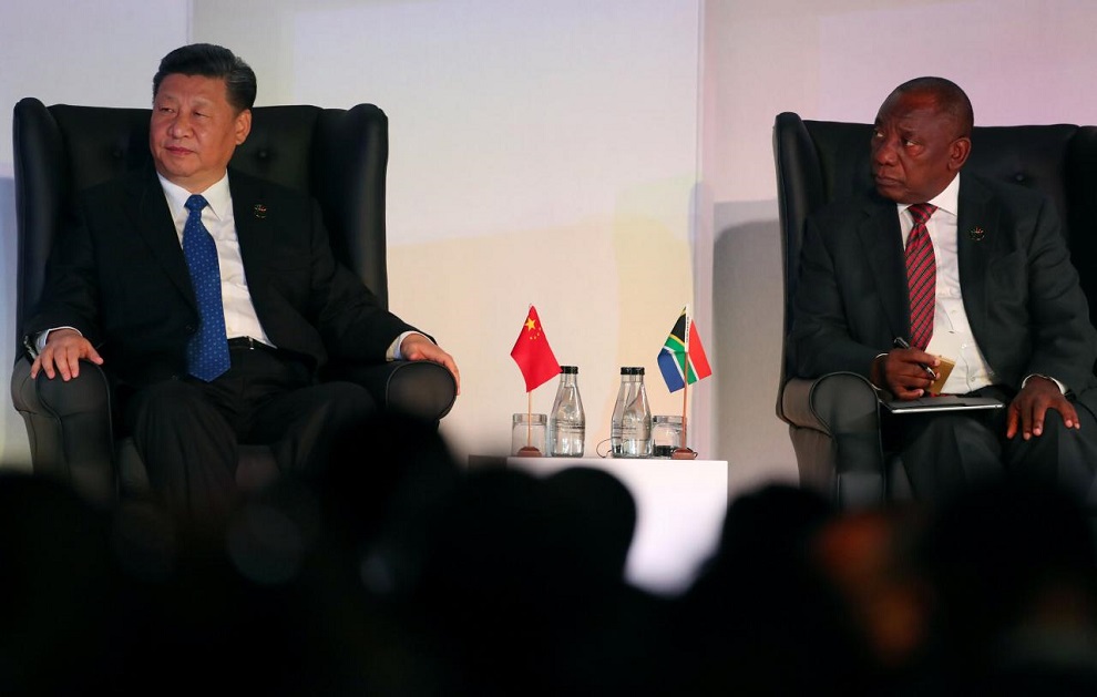 south african president cyril ramaphosa and china's president xi jinping sit together during the brics summit in johannesburg