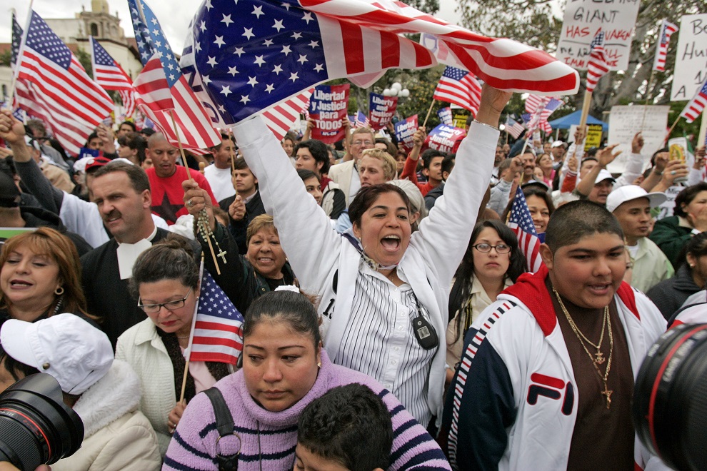 immigration rights demonstrators rally in downtown los angeles, monda