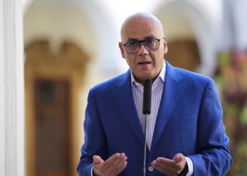 Venezuela's Communications and Information Minister Jorge Rodriguez speaks during a broadcast at the Miraflores Palace in Caracas